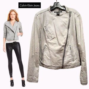 Calvin Klein Jeans NEW Moto Asymmetrical Zip Crop Denim Jacket L